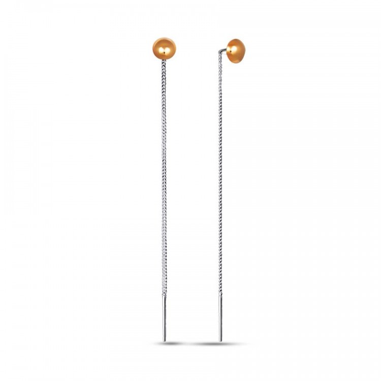Silver earrings with a chain and gold details